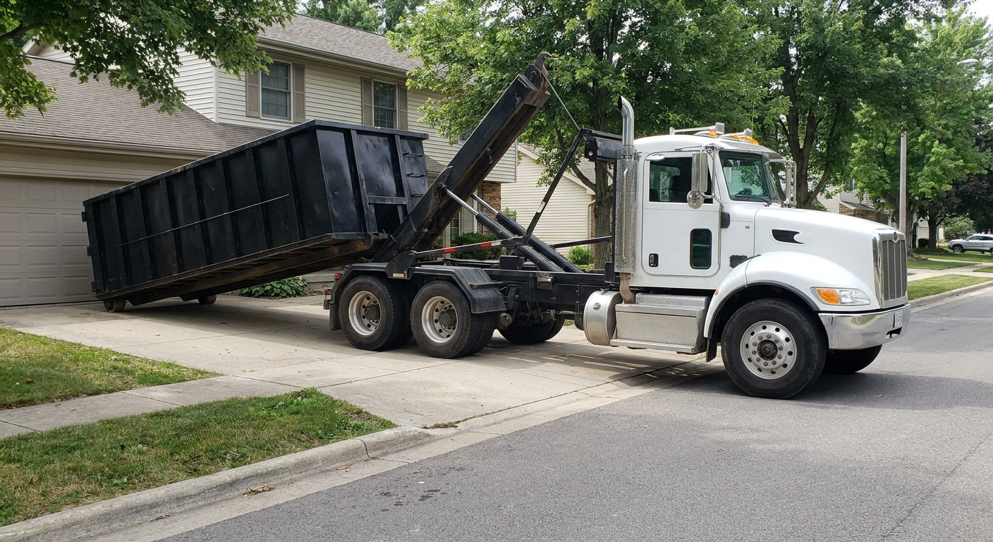 White-cab hooklift roll-off truck actively lowering a matte-black dumpster onto a El Monte residential concrete driveway, the dumpster's rear wheels touching the driveway as the hoist arm tilts the bed forward, mid-morning daylight.